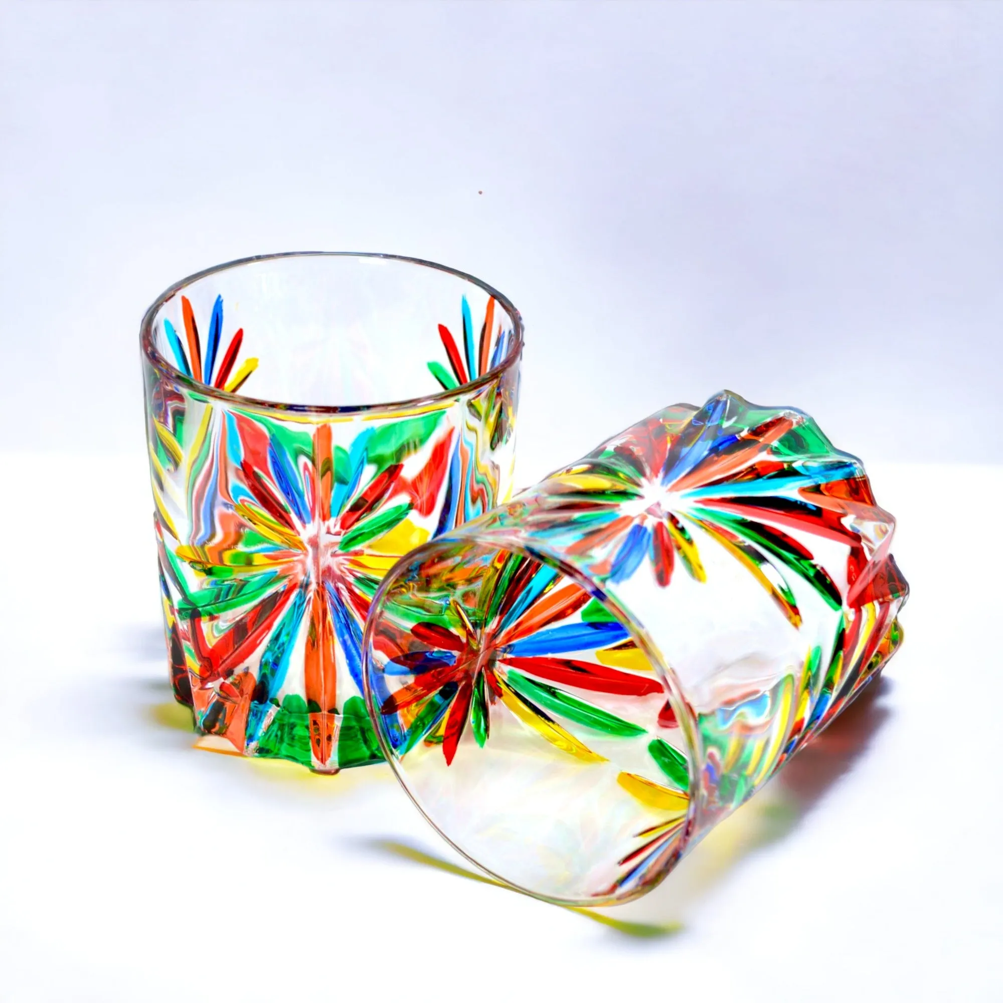 Starburst Short Drink Glasses, Hand-Painted Italian Crystal, Set of 2