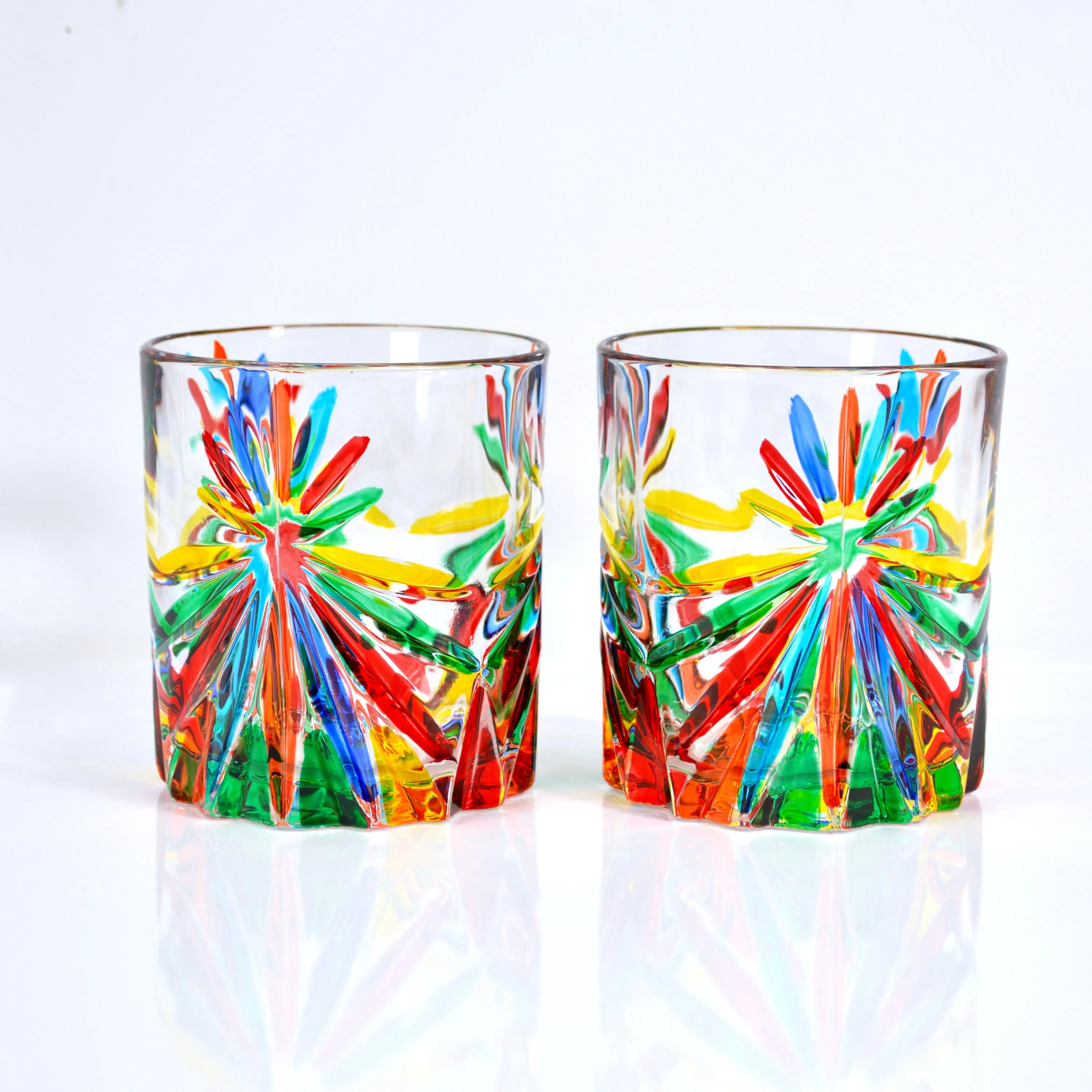 Starburst Short Drink Glasses, Hand-Painted Italian Crystal, Set of 2