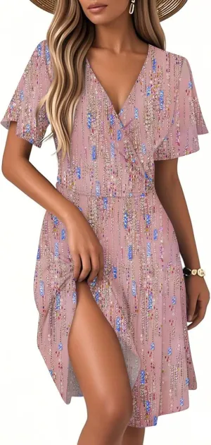 Summer Dress for Women Short Sleeve Wrap Deep V Neck Boho Floral Print Casual Ruffled A-Line Flowy Midi Sundress