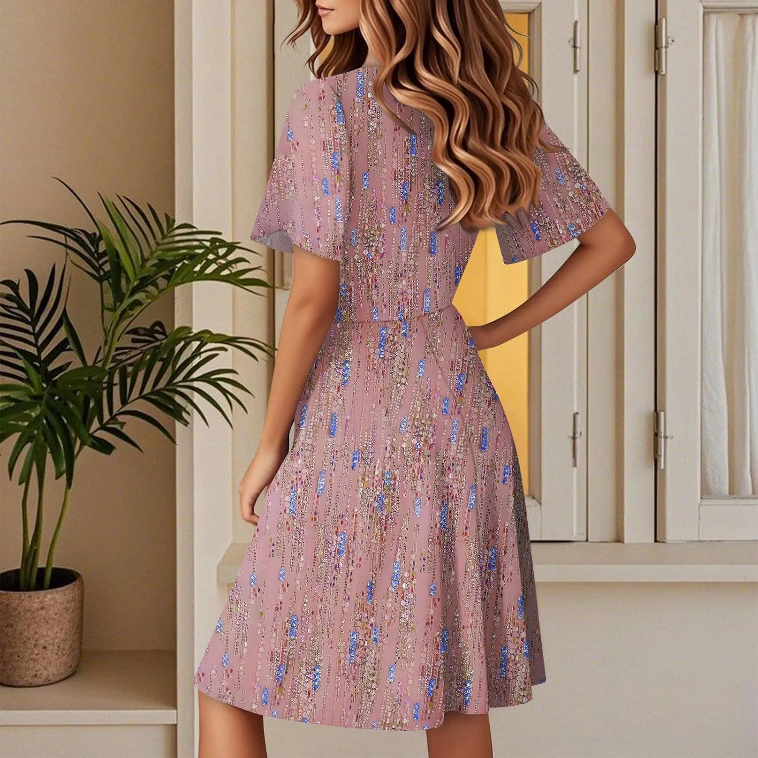 Summer Dress for Women Short Sleeve Wrap Deep V Neck Boho Floral Print Casual Ruffled A-Line Flowy Midi Sundress