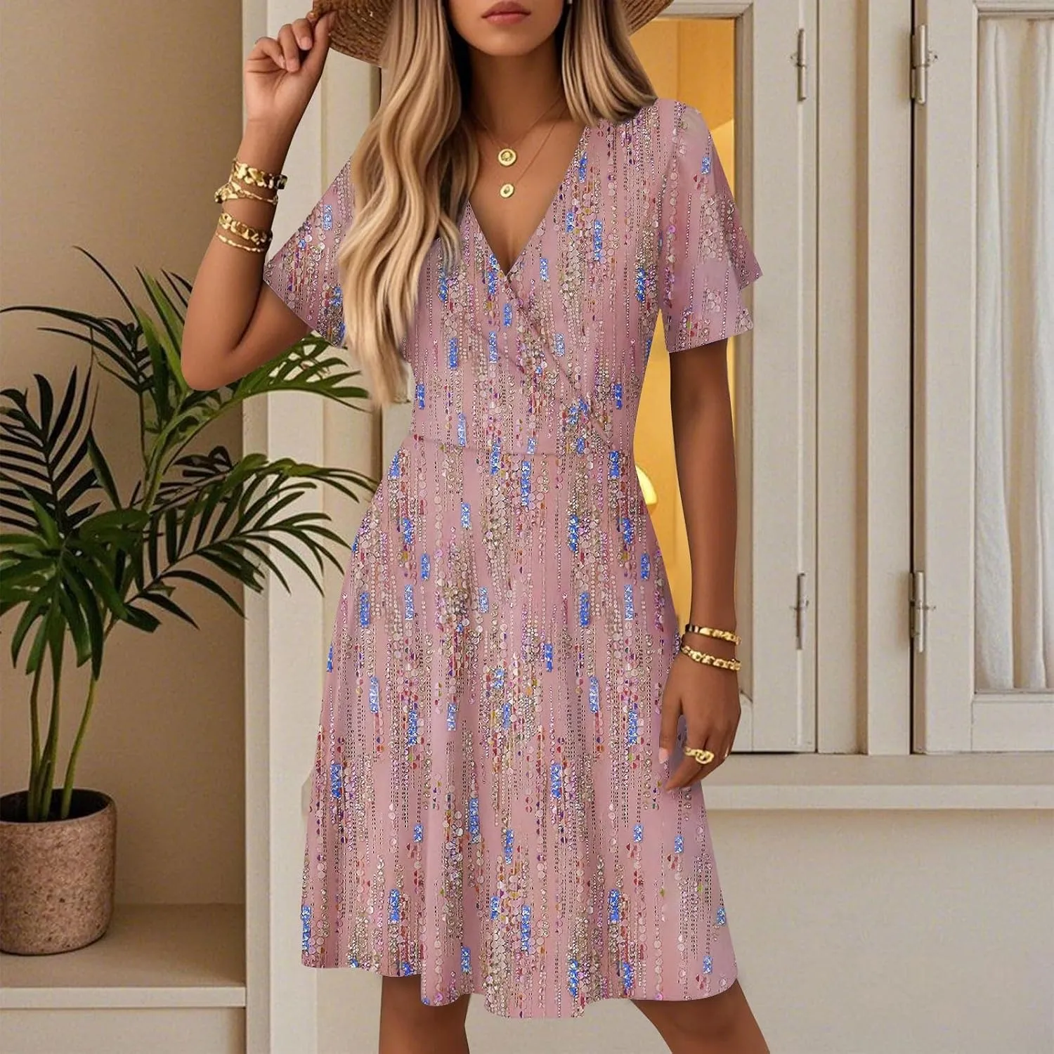 Summer Dress for Women Short Sleeve Wrap Deep V Neck Boho Floral Print Casual Ruffled A-Line Flowy Midi Sundress
