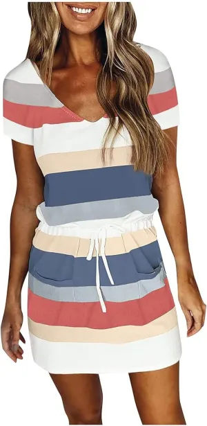 Summer Dresses for Women 2025 Striped A-Line Boho Sundress Short Sleeve V-Neck Beach Vacation Mini Dress with Pocket