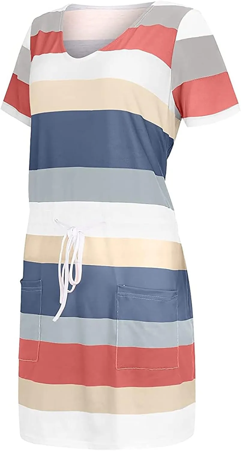 Summer Dresses for Women 2025 Striped A-Line Boho Sundress Short Sleeve V-Neck Beach Vacation Mini Dress with Pocket