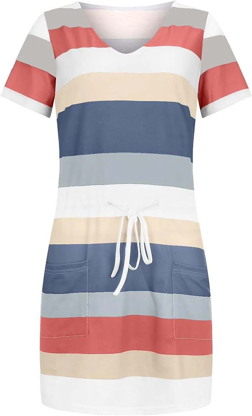 Summer Dresses for Women 2025 Striped A-Line Boho Sundress Short Sleeve V-Neck Beach Vacation Mini Dress with Pocket