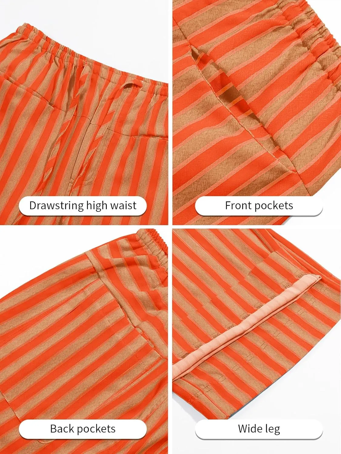 Tankaneo Womens Baggy Striped Pants Casual Loose Wide Leg Drawstring Elastic Waist Pants with Pockets