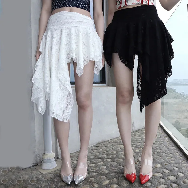 TAVIMART  -  Holiday Solid Color Lace Ruffled Skirt For Women Sexy Low Waist Irregular Mini Skirt Splice Hot Girl Clubs Party Skirt