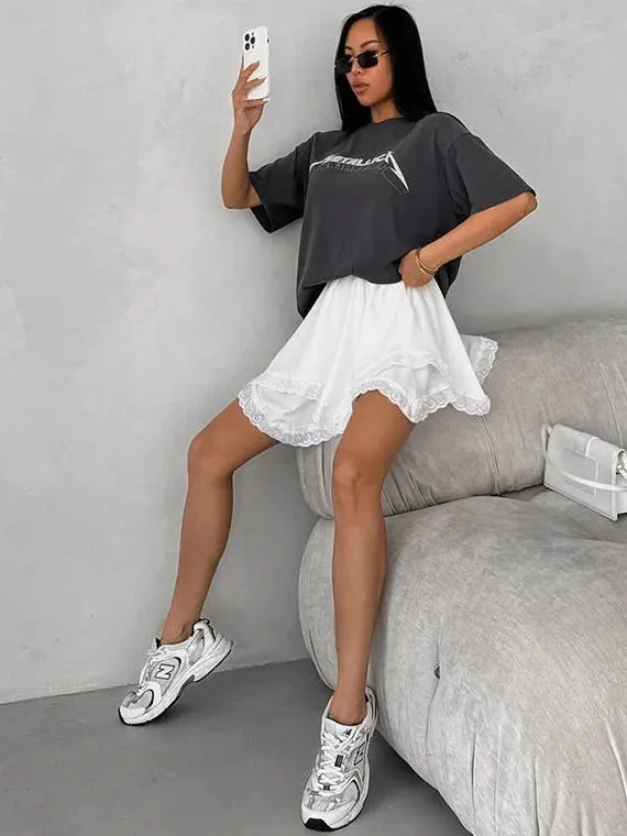 TAVIMART  -  Summer New Fashion White Irregular Short Skirt For Women Elastic Waist A-line Lace Patchwork Embroidery Pleat Female Skirt
