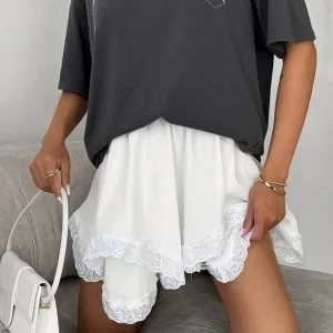 TAVIMART  -  Summer New Fashion White Irregular Short Skirt For Women Elastic Waist A-line Lace Patchwork Embroidery Pleat Female Skirt