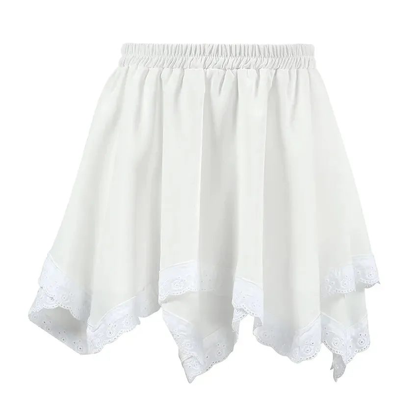 TAVIMART  -  Summer New Fashion White Irregular Short Skirt For Women Elastic Waist A-line Lace Patchwork Embroidery Pleat Female Skirt