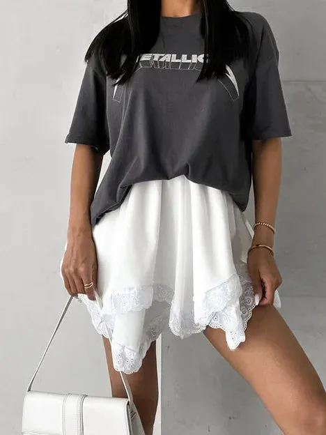 TAVIMART  -  Summer New Fashion White Irregular Short Skirt For Women Elastic Waist A-line Lace Patchwork Embroidery Pleat Female Skirt