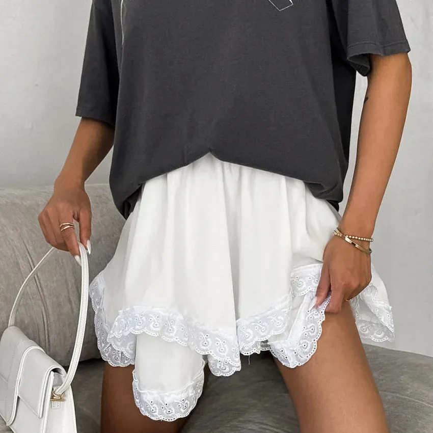 TAVIMART  -  Summer New Fashion White Irregular Short Skirt For Women Elastic Waist A-line Lace Patchwork Embroidery Pleat Female Skirt