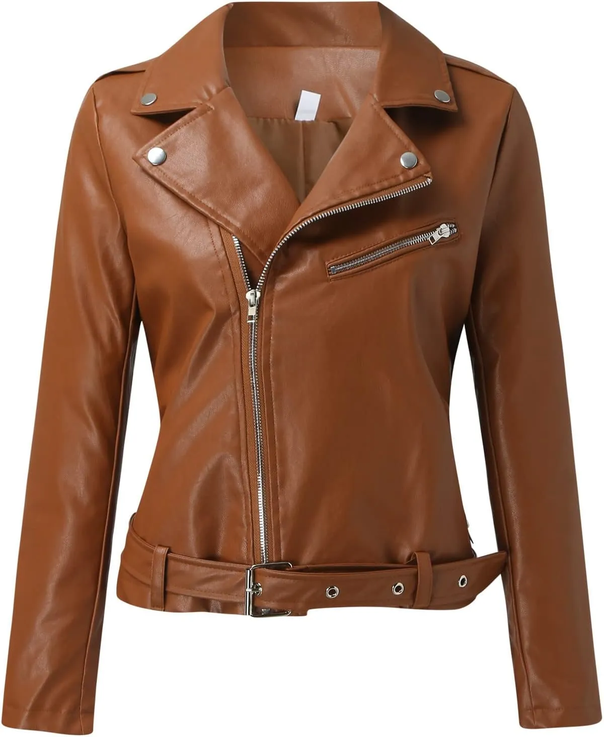 Women Faux Leather Blazer Jackets Zip Lapel Short Motorcycle Bike Coat Belted Hem Fashion Plus Size Pleather Jacket