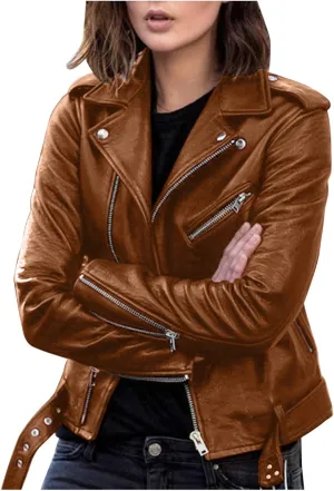 Women Faux Leather Blazer Jackets Zip Lapel Short Motorcycle Bike Coat Belted Hem Fashion Plus Size Pleather Jacket