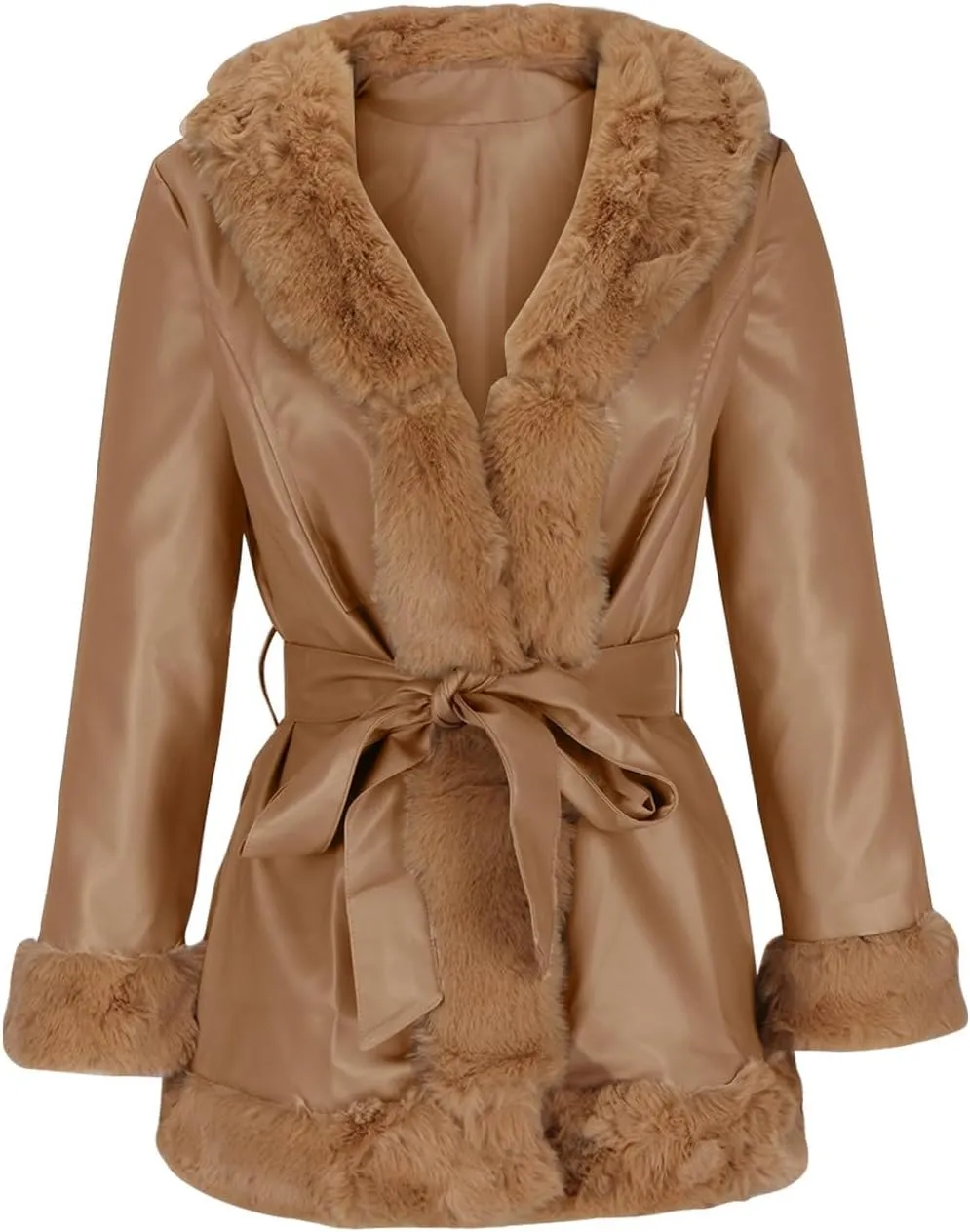 Women Plush Trim Leather Coat Fall Winter Open Front Trench Coats Slim Lace Up Jacket Dressy Casual Overcoats