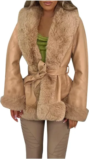 Women Plush Trim Leather Coat Fall Winter Open Front Trench Coats Slim Lace Up Jacket Dressy Casual Overcoats