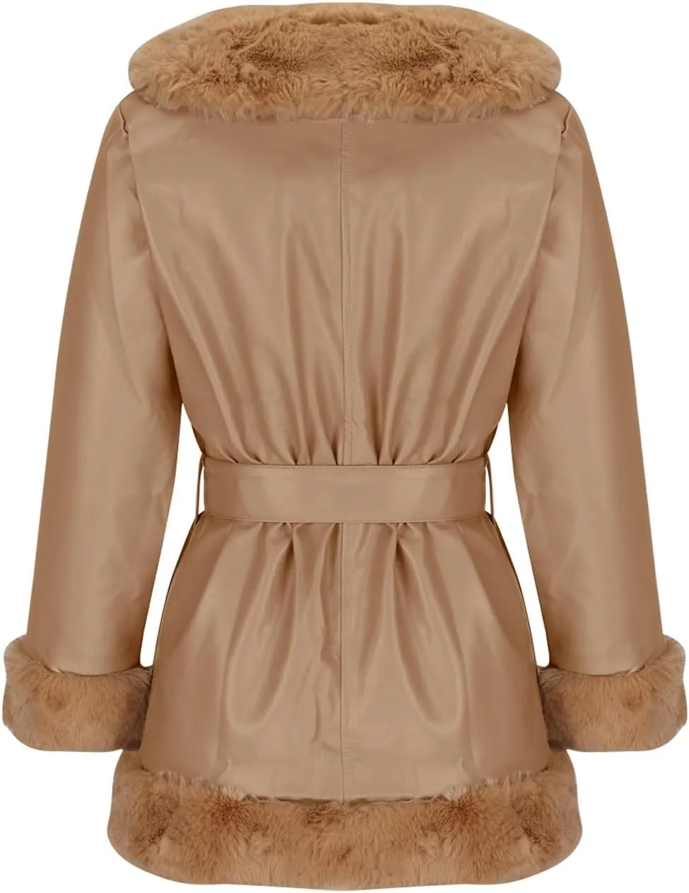 Women Plush Trim Leather Coat Fall Winter Open Front Trench Coats Slim Lace Up Jacket Dressy Casual Overcoats
