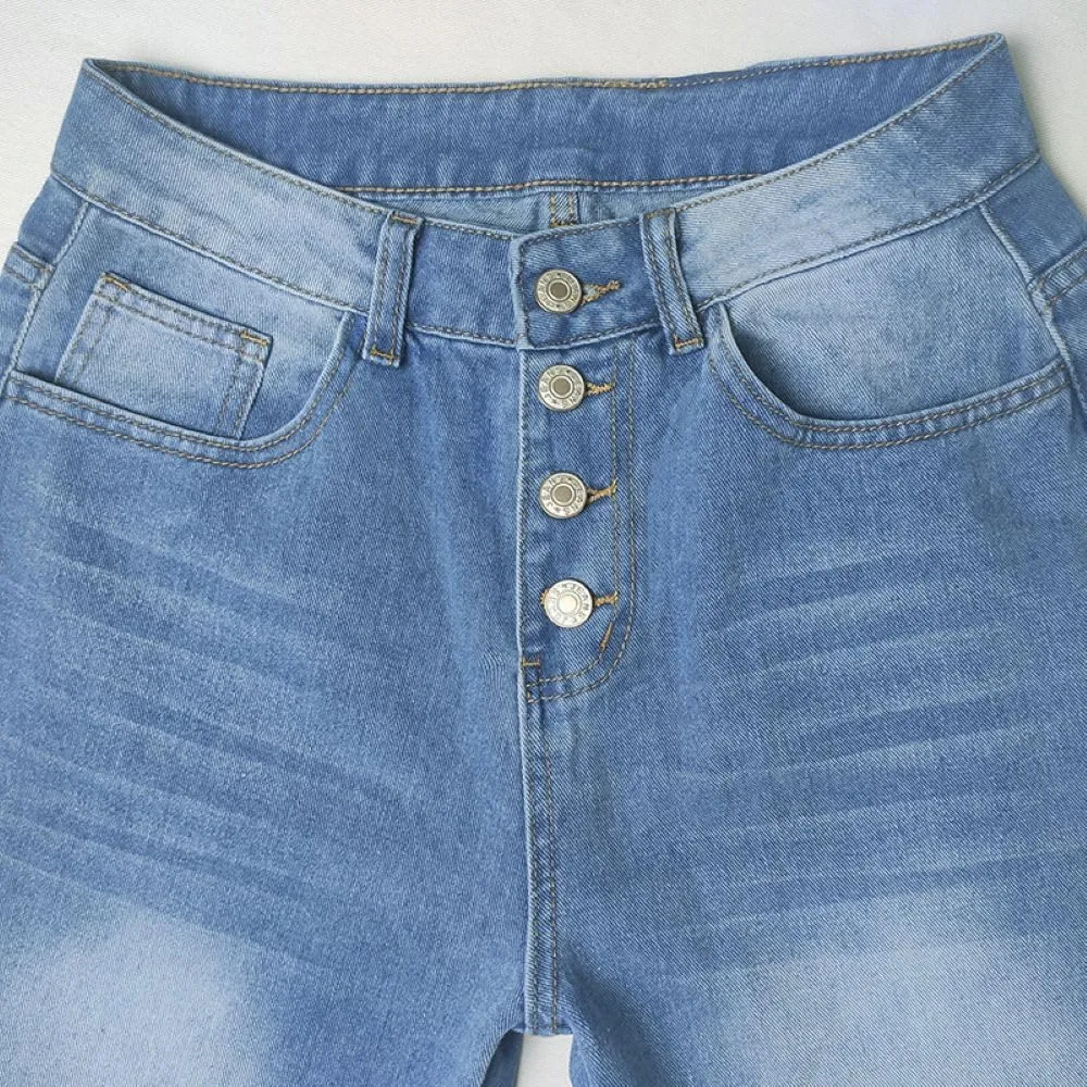 Women's Baggy Ankle Button Fly Jeans Casual Loose Straight Leg Button Cropped Cute Denim Pants