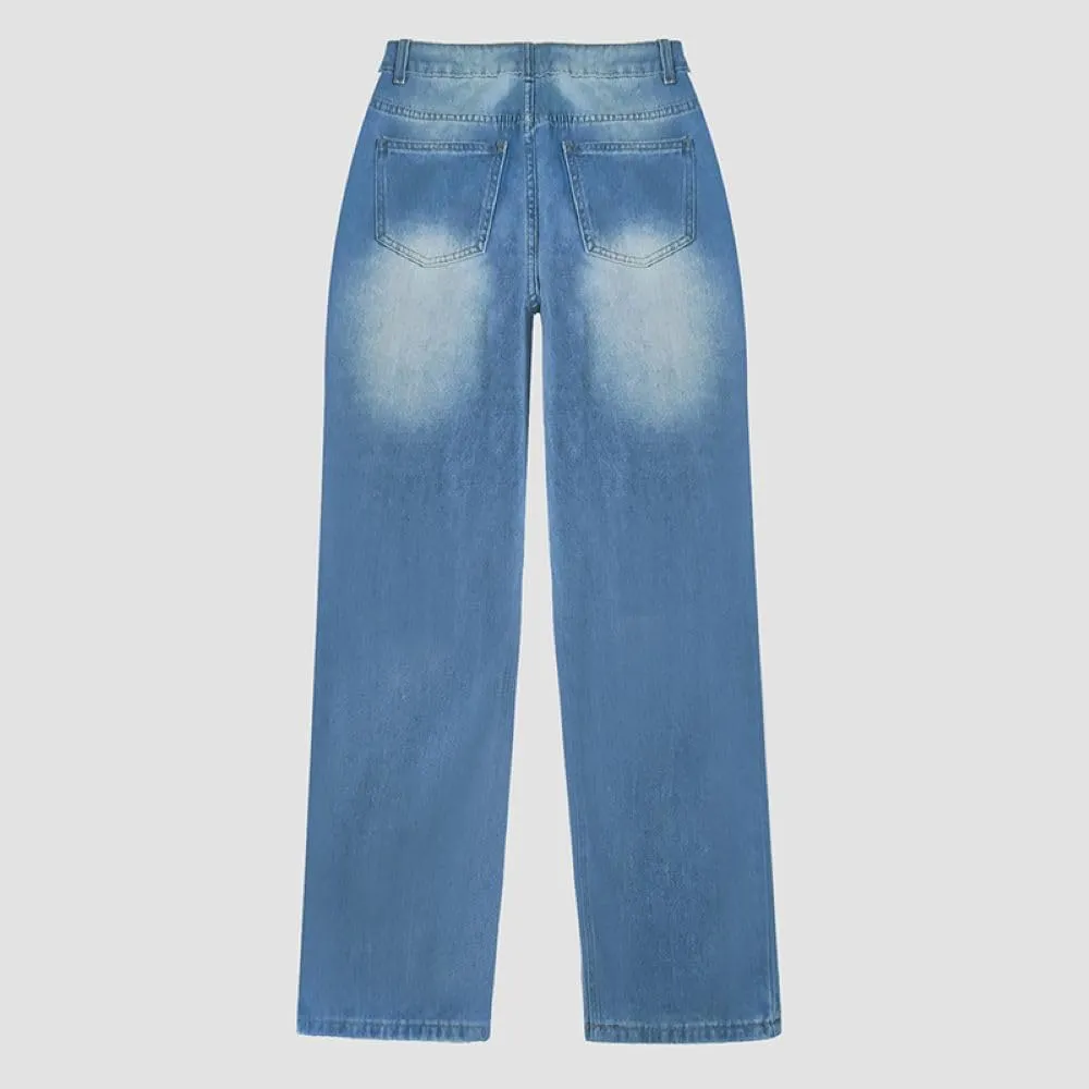 Women's Baggy Ankle Button Fly Jeans Casual Loose Straight Leg Button Cropped Cute Denim Pants