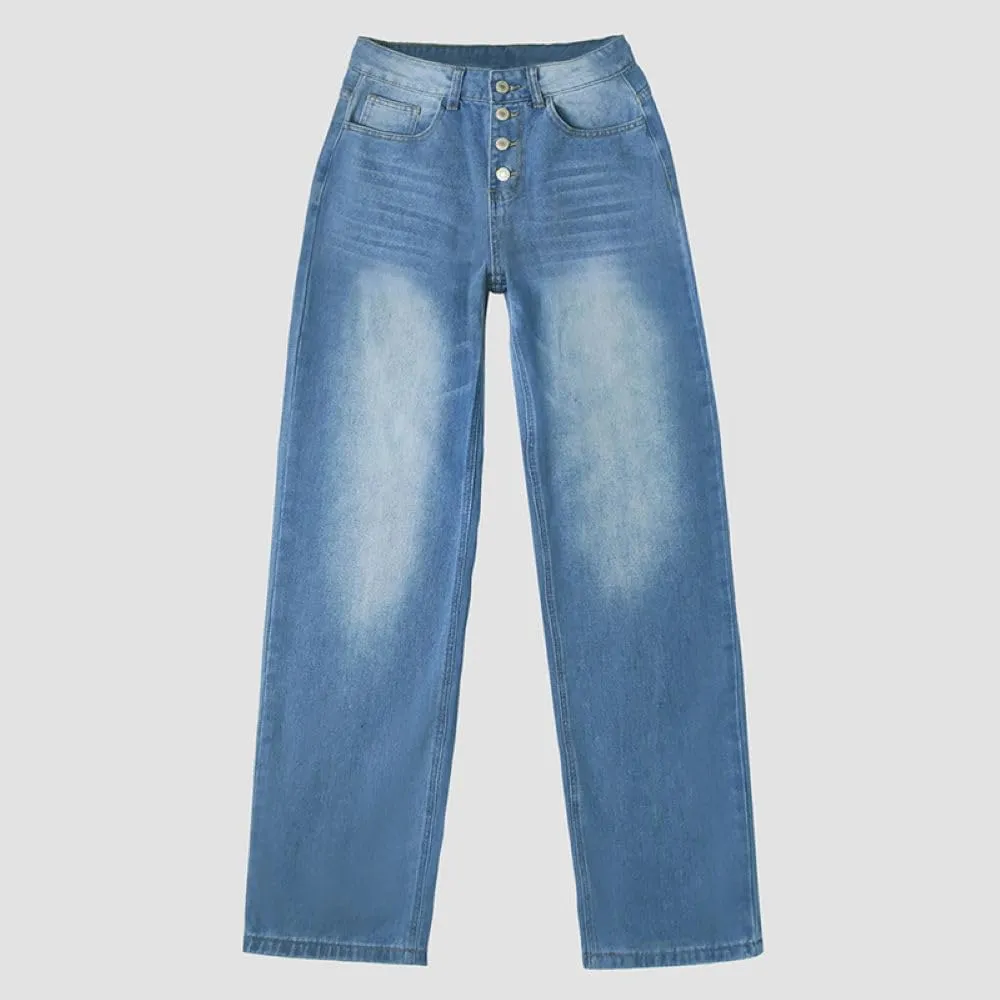 Women's Baggy Ankle Button Fly Jeans Casual Loose Straight Leg Button Cropped Cute Denim Pants