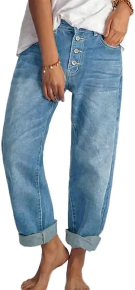 Women's Baggy Ankle Button Fly Jeans Casual Loose Straight Leg Button Cropped Cute Denim Pants