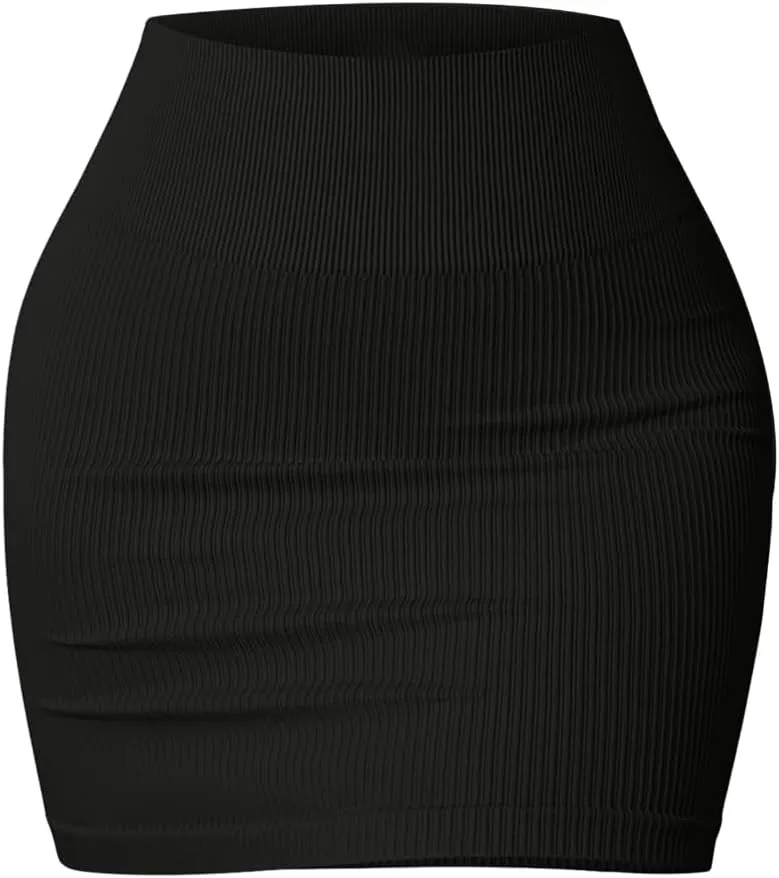 Women's Basic High Waist Stretchy Tube Pencil Mini Skirt Summer Ribbed Knit Short Bodycon Skirt Black, Medium