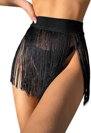 Women's Black Fringe Skirt High Waisted Tassel Skirts Beach Cover Up Belly Dance Hip Mini Skirt Party Costume for Women