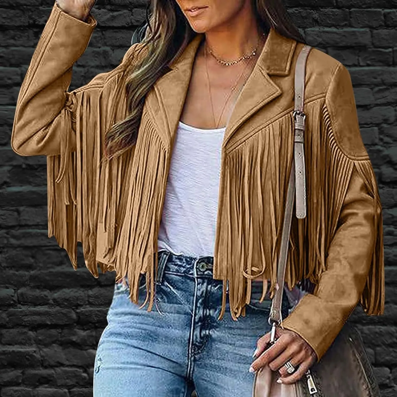Women's Faux Suede Leather Fringe Jacket Cowgirl Crop Moto Biker Jackets Open Front Tassel Coat Tops 2024 Trendy