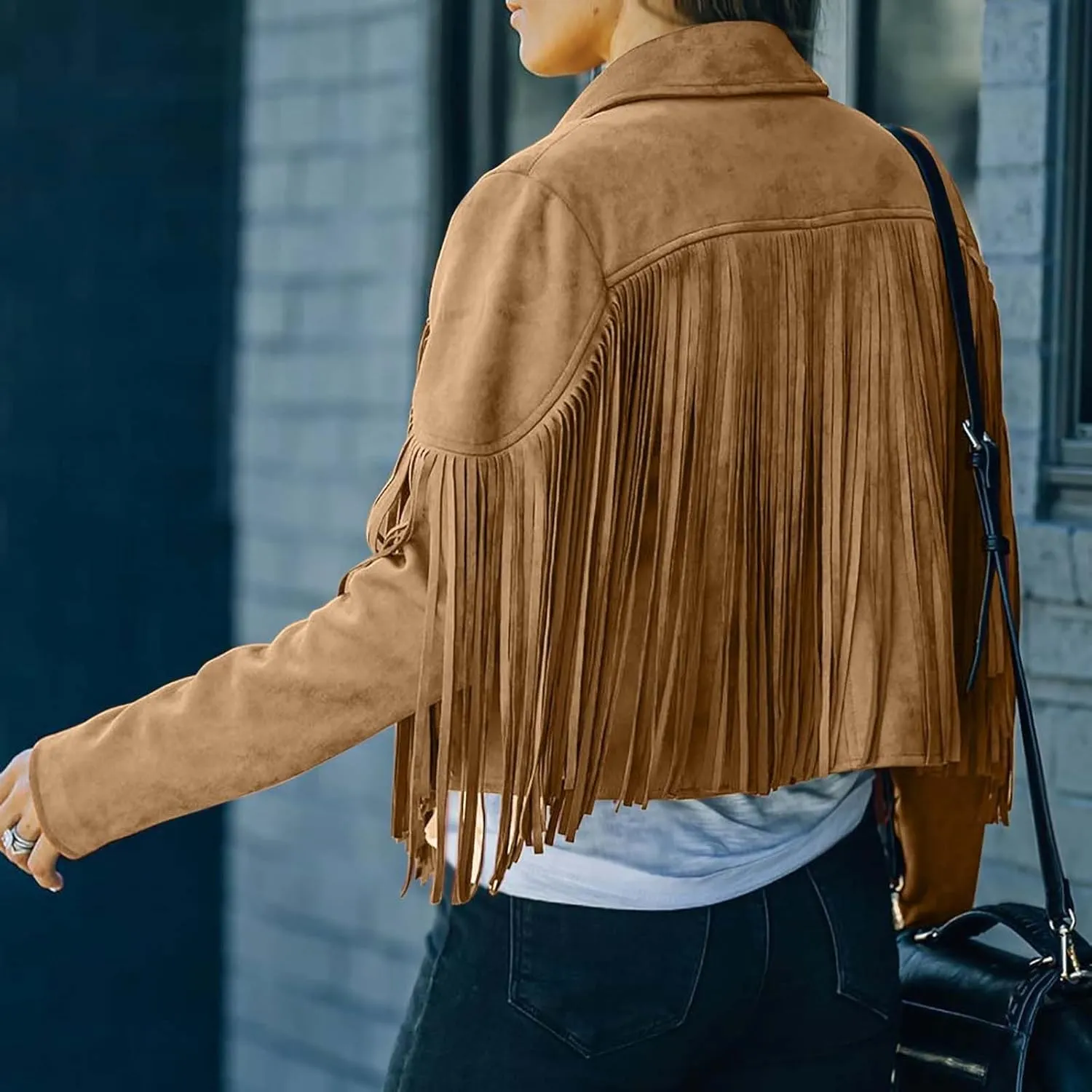 Women's Faux Suede Leather Fringe Jacket Cowgirl Crop Moto Biker Jackets Open Front Tassel Coat Tops 2024 Trendy