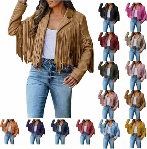 Women's Faux Suede Leather Fringe Jacket Cowgirl Crop Moto Biker Jackets Open Front Tassel Coat Tops 2024 Trendy