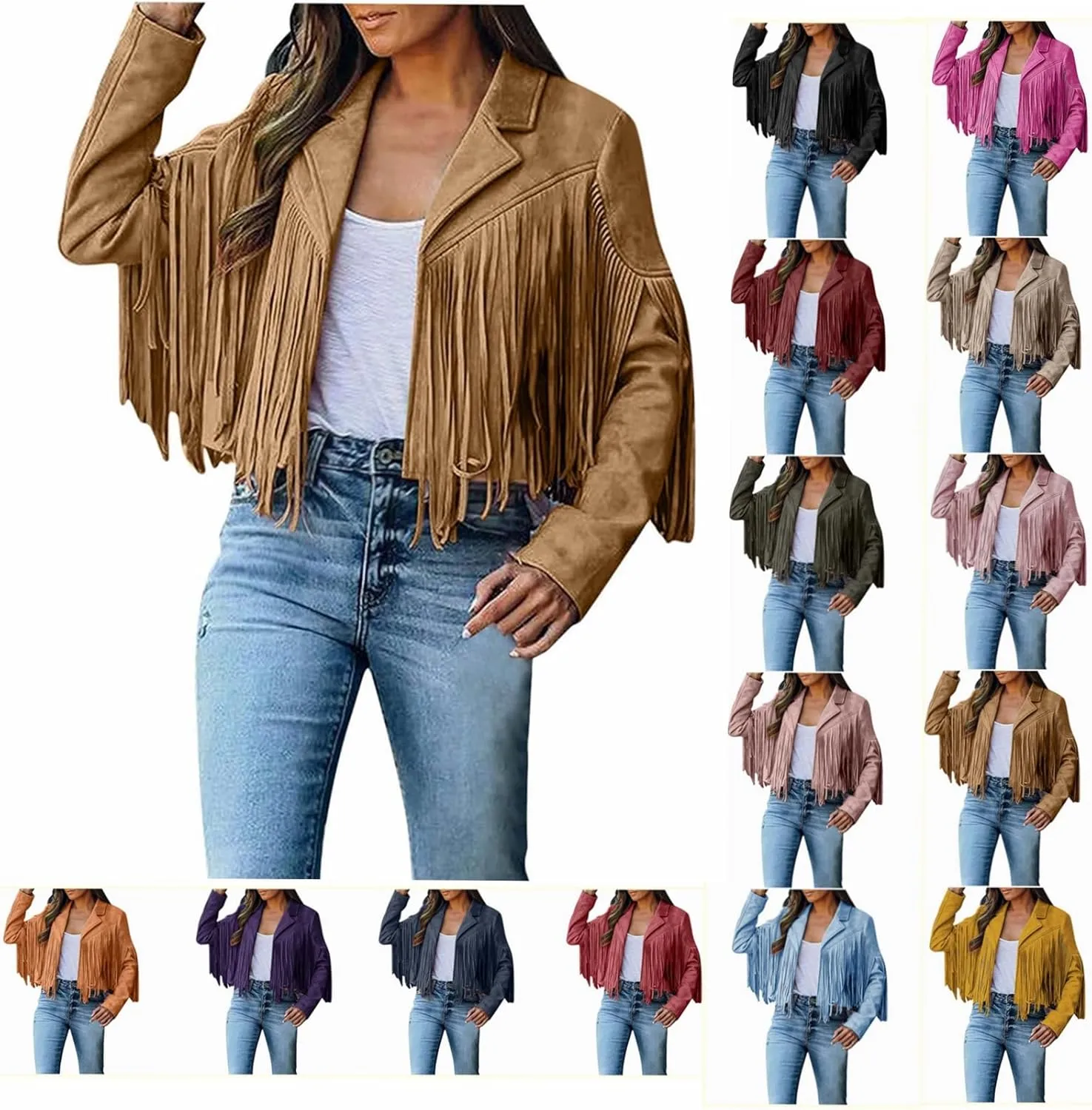 Women's Faux Suede Leather Fringe Jacket Cowgirl Crop Moto Biker Jackets Open Front Tassel Coat Tops 2024 Trendy