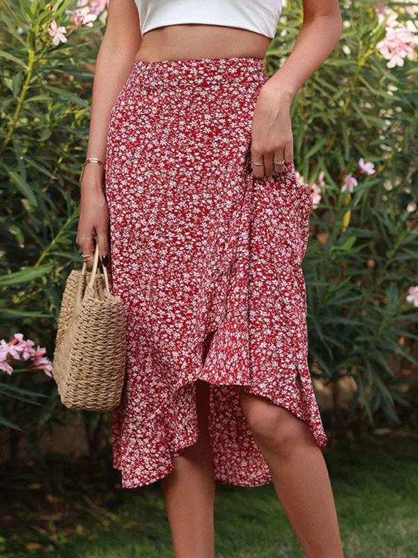 Women's Floral Irregular Ruffle Skirt
