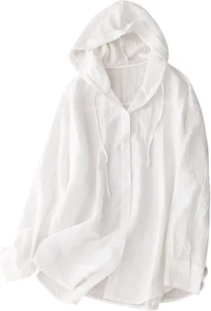 Women's Linen Sun Protection Hoodie Jacket Lightweight Long Sleeve Shirt Oversized Loose Breathable Hooded Cover Ups