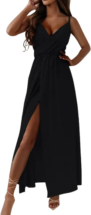 Women's Spaghetti Strap Ruched Wrap Tie Waist Pleated Front Split A Line Midi Dress Summer Cocktail Wedding Guest Dress