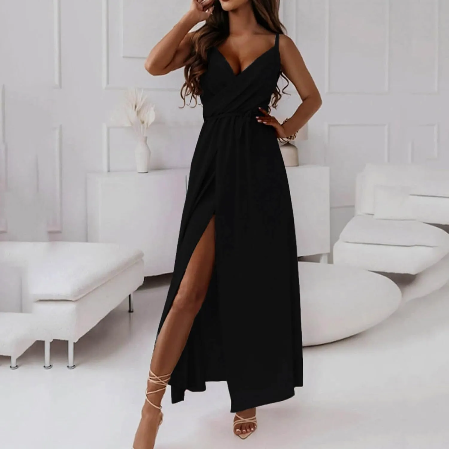 Women's Spaghetti Strap Ruched Wrap Tie Waist Pleated Front Split A Line Midi Dress Summer Cocktail Wedding Guest Dress
