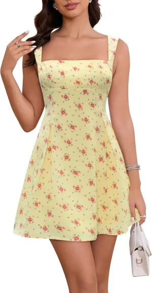 Women's Square Neck Mini Dress Sexy Backless Bow Tie Sleeveless Flare Dress Summer Short Party Dresses