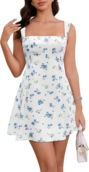 Women's Square Neck Mini Dress Sexy Backless Bow Tie Sleeveless Flare Dress Summer Short Party Dresses