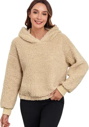 ZAFUL Women's Fuzzy Crop Hoodie Pullover Drop Shoulder Teddy Fluffy Long Sleeve Sweatshirt